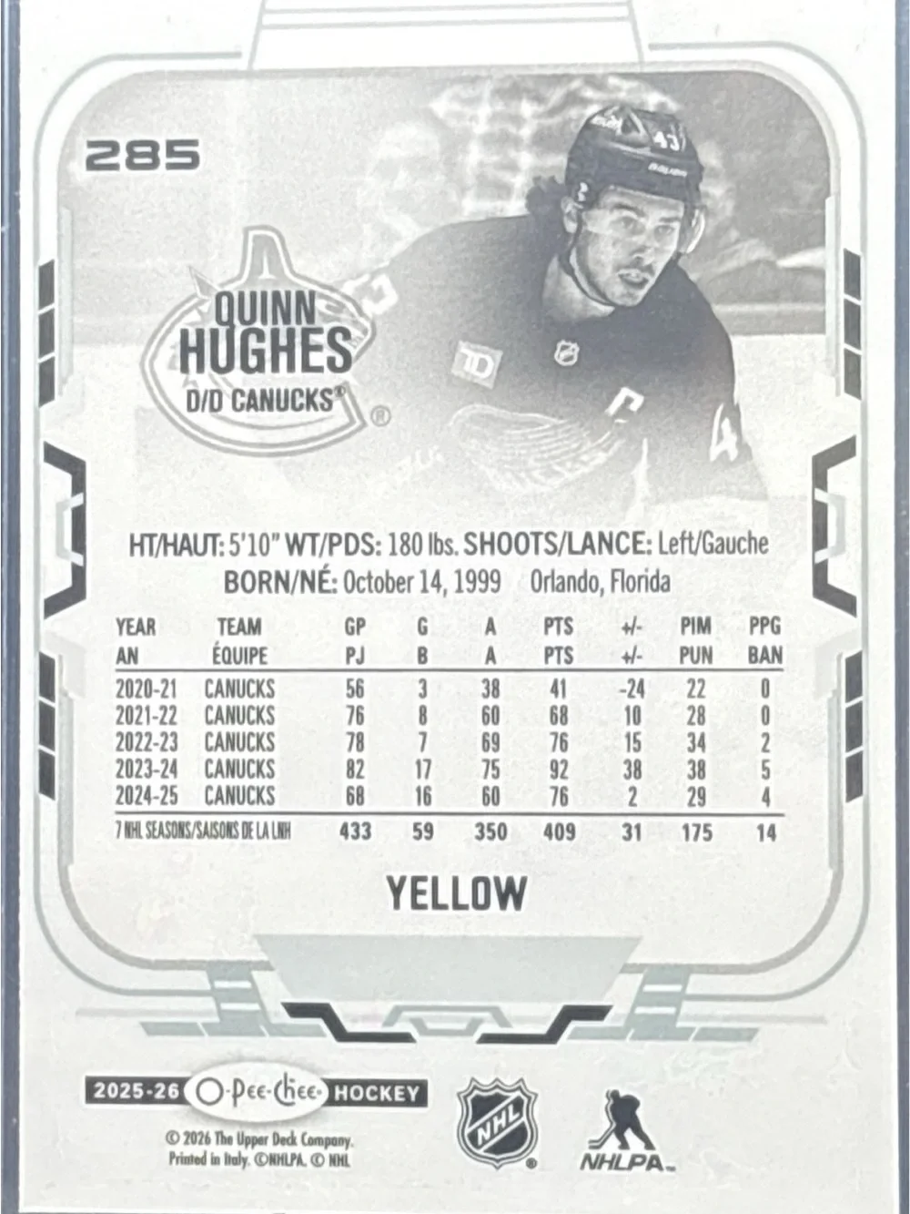 O-Pee-Chee Hockey Trading Card - Yellow Quinn Hughes Canucks